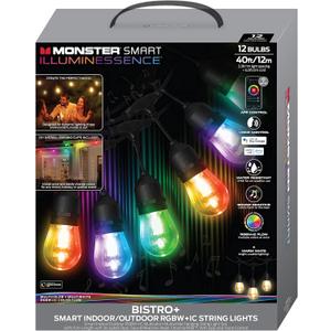 Monster Smart 40ft Bistro+ Patio String Light, Unique Multi-Color/LED Lighting, Indoor/Outdoor, Waterproof, Customizable Via Downloadable App, Compatible with Alexa/Google Assistant/Siri