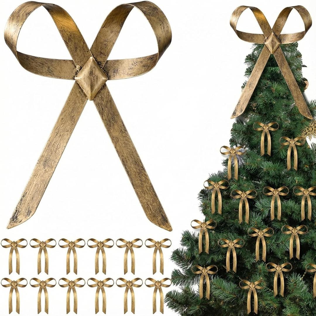 Arrowbash 12 Inch Large Gold Brass Metal Christmas Tree Topper Vintage Metal Rustic Christmas Bow Xmas Tree Topper Decoration for Indoor and Outdoor Holiday Decor
