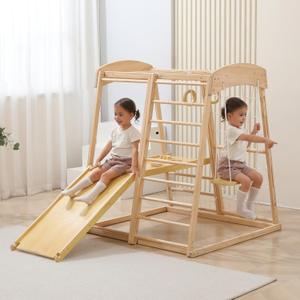 2024 Upgraded Indoor Jungle Gym for Toddlers, Indoor Playground Climbing Toys for Kids 2-10yrs, with Rock Climb Wall, Slide, Wood & Rope Ladder, Monkey Bars,Climbing Rope & Wall and Swing