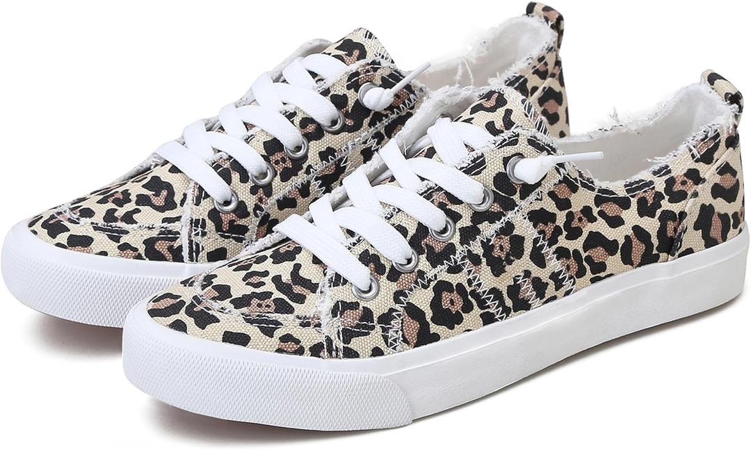 Obtaom Women's Play Fashion Sneaker White Color Washed and Leopard Canvas Slip on Shoes (5)