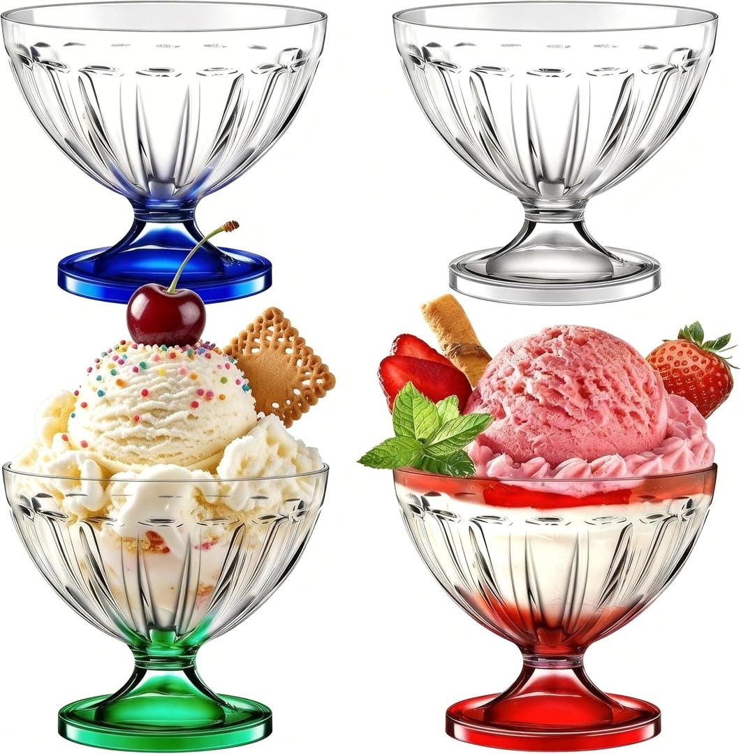 Rozer 4 Pcs Ice Cream Bowls 8.5 oz Colorful Clear Acrylic Dessert Cups Footed Cute Plastic Trifle Bowl for Serving Sundae Salad Ice Cream Cocktail Condiment Fruit Snack Holiday Party