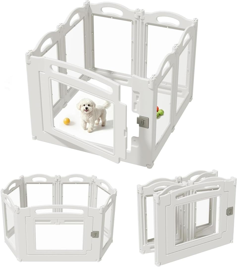 Foldable Clear Acrylic Dog Playpen with Door, 23.6" Acrylic Puppy Playpen, Easy Assemble Indoor Pet Fence with White Frame, Clear Dog Playpen for Puppies & Animal (White, 23.6‘H, 6 Panels + 1 Door)