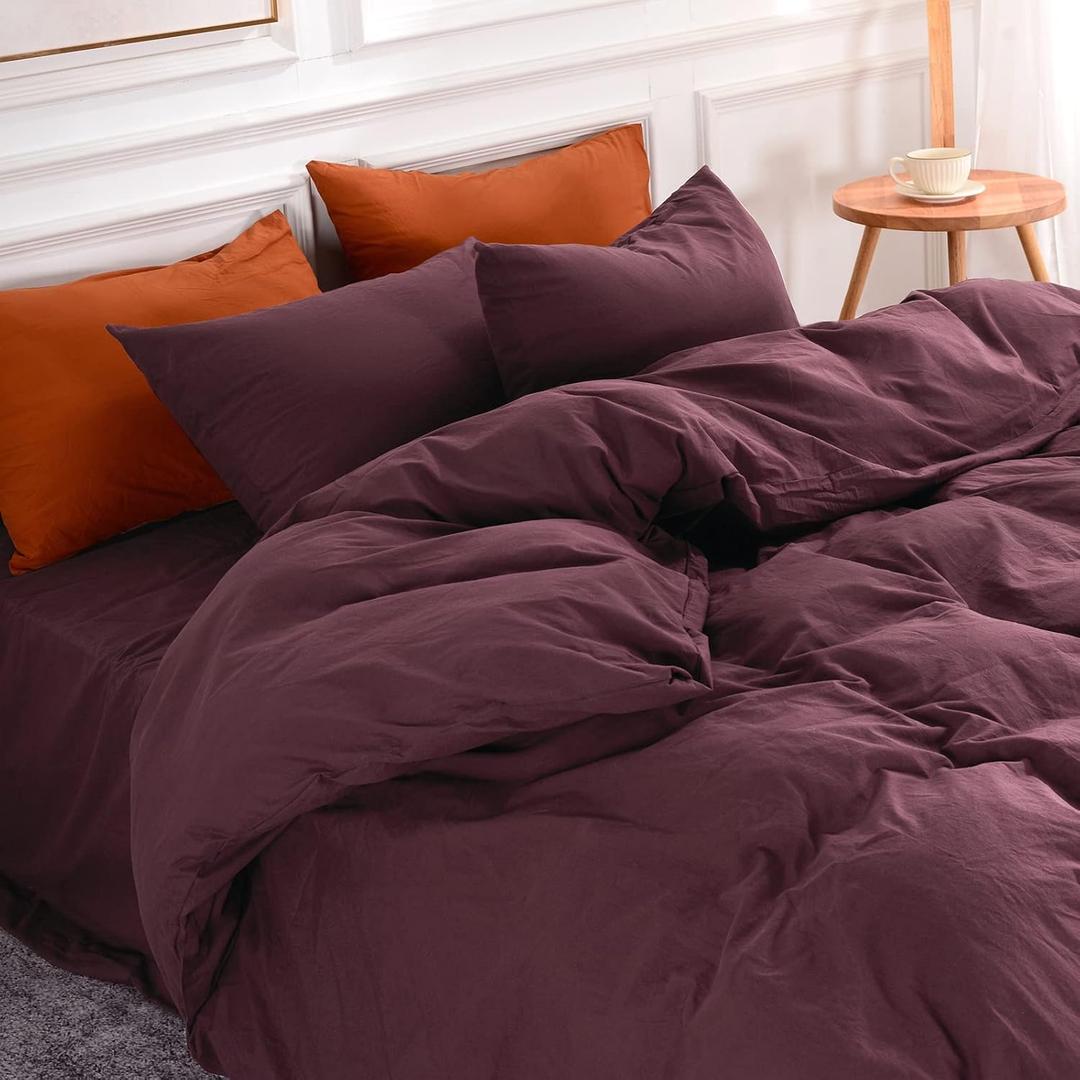 NEXHOME PRO Duvet Cover Set Queen Size Linen Look Textured 100% Washed Cotton Duvet Cover Burgundy Dark Red 3 Pieces Bedding Set with Zipper Closure,Breathable, Soft Organic Natural(No Comforter) (Queen (90"x90"))