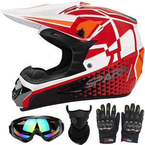 Motocross Helmet, Adult ATV Helmet, Youth Dirt Bike Helmet, Off-Road Motorcycle BMX Mountain Bike Casco with(Gloves Goggles Mask) 4Pcs Set - DOT Approved (W-Red, Large)