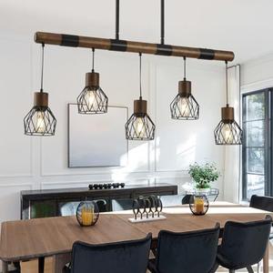 5-Light Dining Room Light Fixture, Farmhouse Linear Chandeliers for Dining Room, Kitchen Chandeliers Over Table, Black Chandelier Rustic Wood Pendant Lights Kitchen Island, with Metal Lampshade
