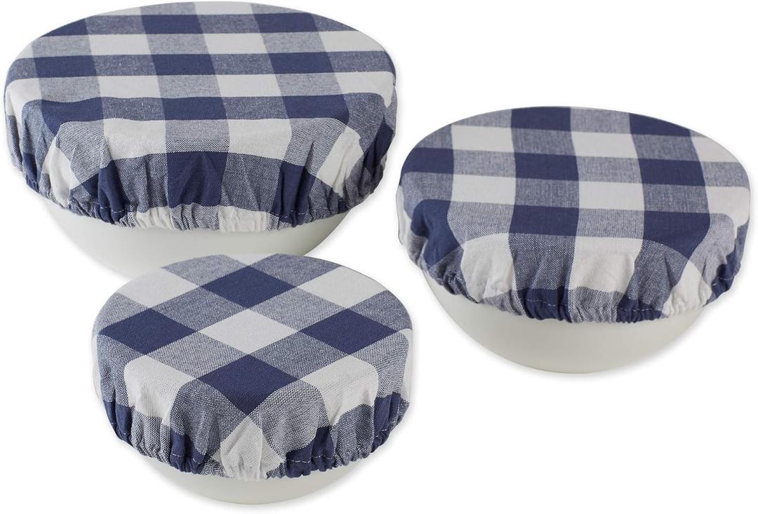 DII Reusable Cloth Bowl Cover Collection Machine Washable, Cotton with Elastic Stretch for Food Storage, 10.25"/8.25"/7.5" Diameter, Farmhouse Plaid, French Blue, 3 Piece