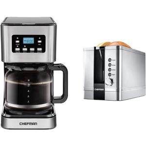 Chefman 12-Cup Programmable Coffee Maker + 2-Slice Stainless Steel Toaster Bundle
