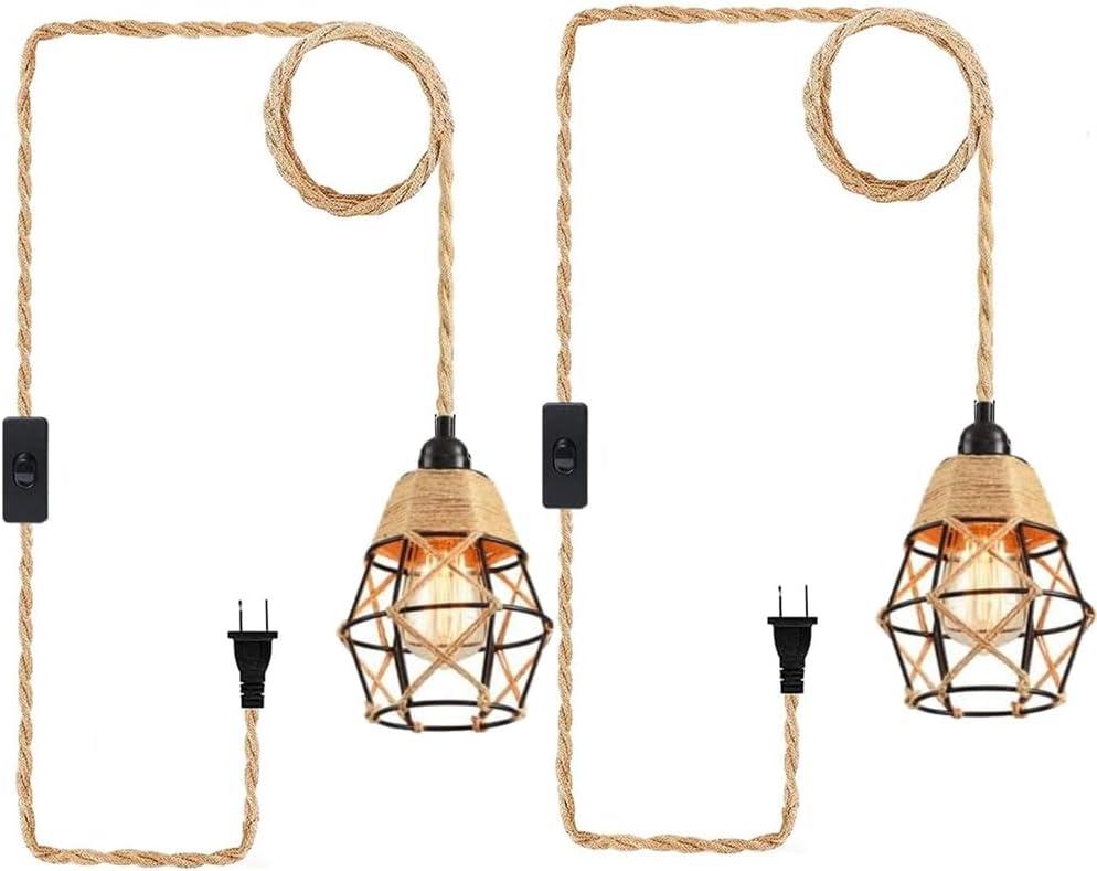 Industrial Hanging Light with Plug-in Cord - Hemp Rope On/Off Switch Farmhouse Pendant Light for Dining Room (2 PACK)