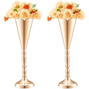 VEVOR 10PCS 43cm/16.9” Tall Wedding Flower Vase, Metal Wedding Trumpet Centerpiece, Gold Floral Stand Display Rack for Tables Wedding Dinner Party, Anniversary Ceremony Birthday Event Decor