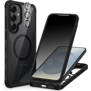 CENHUFO Magnetic Privacy for Samsung Galaxy S25 Case, Full Body Phone Case with Built-in 9H Tempered Glass Privacy Screen Protector and Camera Lens Cover, Shockproof Protective Clear Bumper -Black