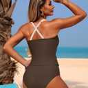 ZAFUL Women's Tankini Swimsuits Tummy Control Swimwear Two Piece Bathing Suits Swim Top with High Waisted Bottom (Brown, S)