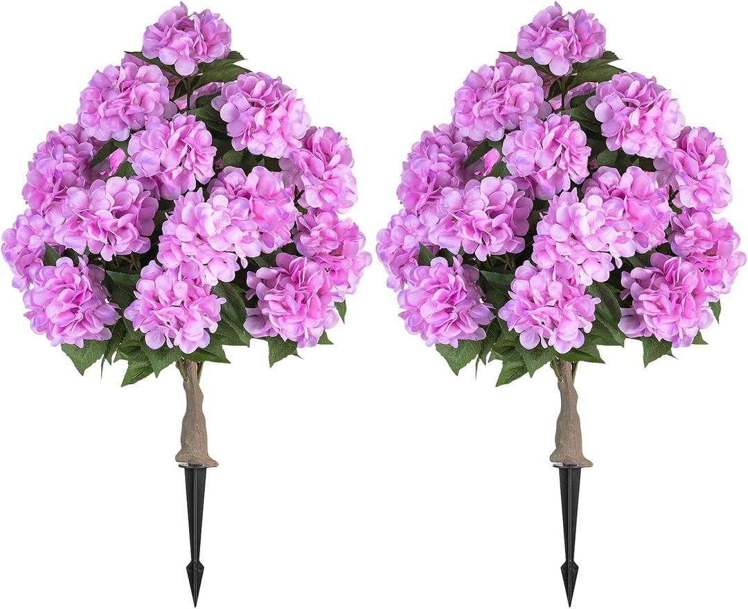 BLOSMON Hydrangea Topiary Trees Artificial - Outdoor 2 Packs 33" Pink Fake Flower Ball Tree for Front Porch Planters Urns Decor - 20 Heads Faux Hydrangea Bush Plants with Spike for Garden Yard Patio