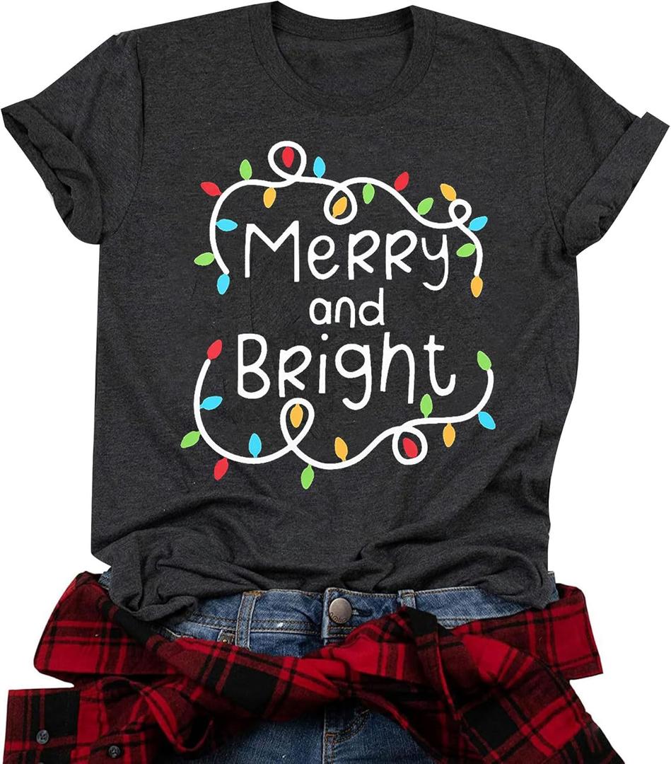 Merry and Bright Shirt Christmas Shirts for Women Xmas Lights Graphic Shirts Merry Christmas Holiday Tops (Large, Grey)