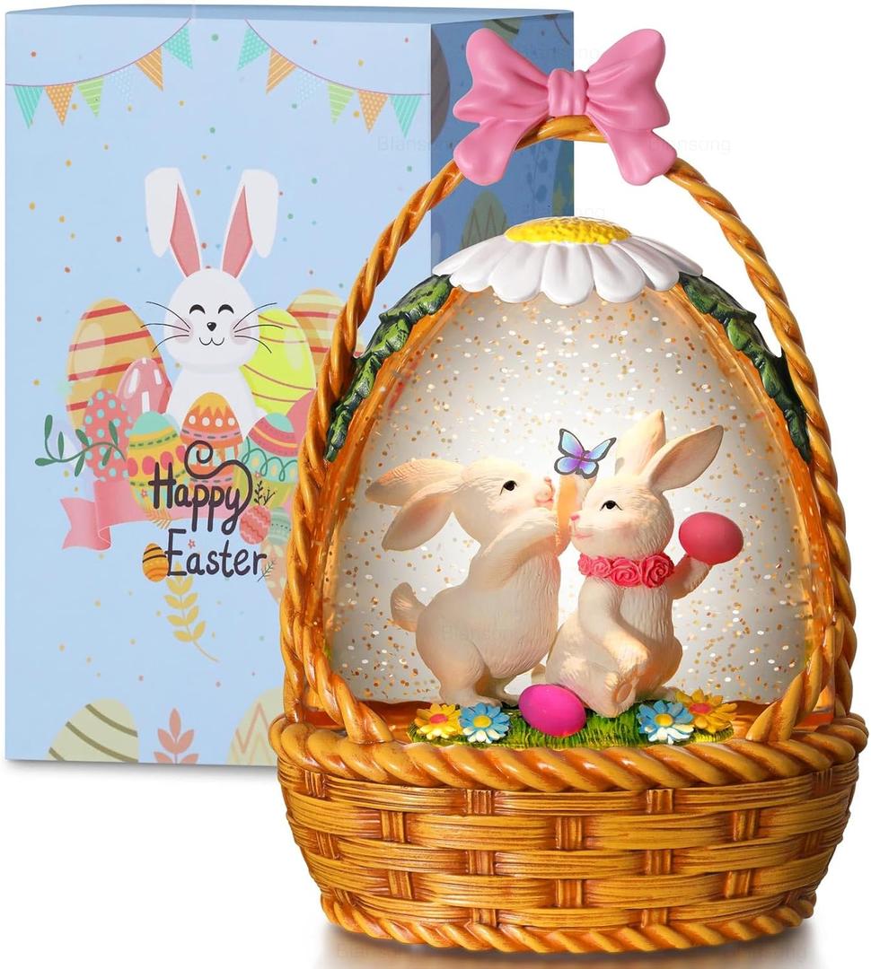 Easter Snow Globe Bunny Snow Globe Basket with Timer, USB and Battery Powered, Easter Decorations for Home Eggs Basket, 4.5"L x 2.6"W x 10.2"H