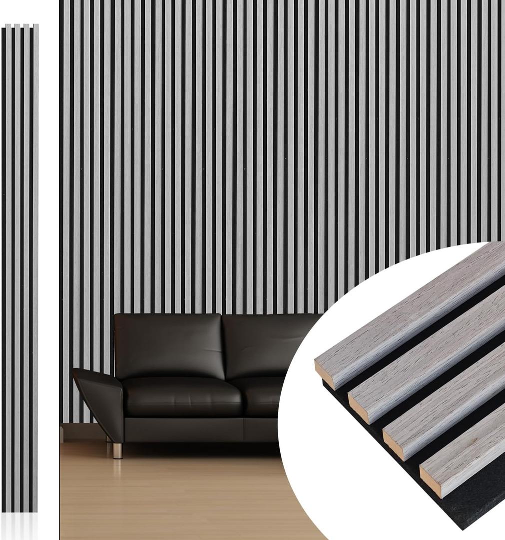 NeatiEase Wood Wall Panels, 9 Feet Acoustic Slat Wall Panels for Interior Wall Decor and Noise Reduction, Decorative Slat Wall Paneling, Gray Oak, 4-Piece