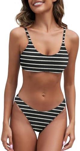 Fanuerg Women's Ribbed Bikini Sets Scoop Neck Cheeky Swimsuit Textured Two Piece Bathing Suit (Small)