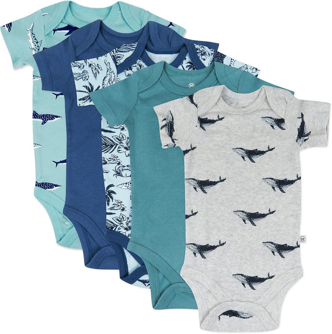 HonestBaby baby-boys 5-pack Short Sleeve Bodysuits One-piece 100% Organic Cotton for Infant Baby Boys (3-6 Months, Seaside Fun)