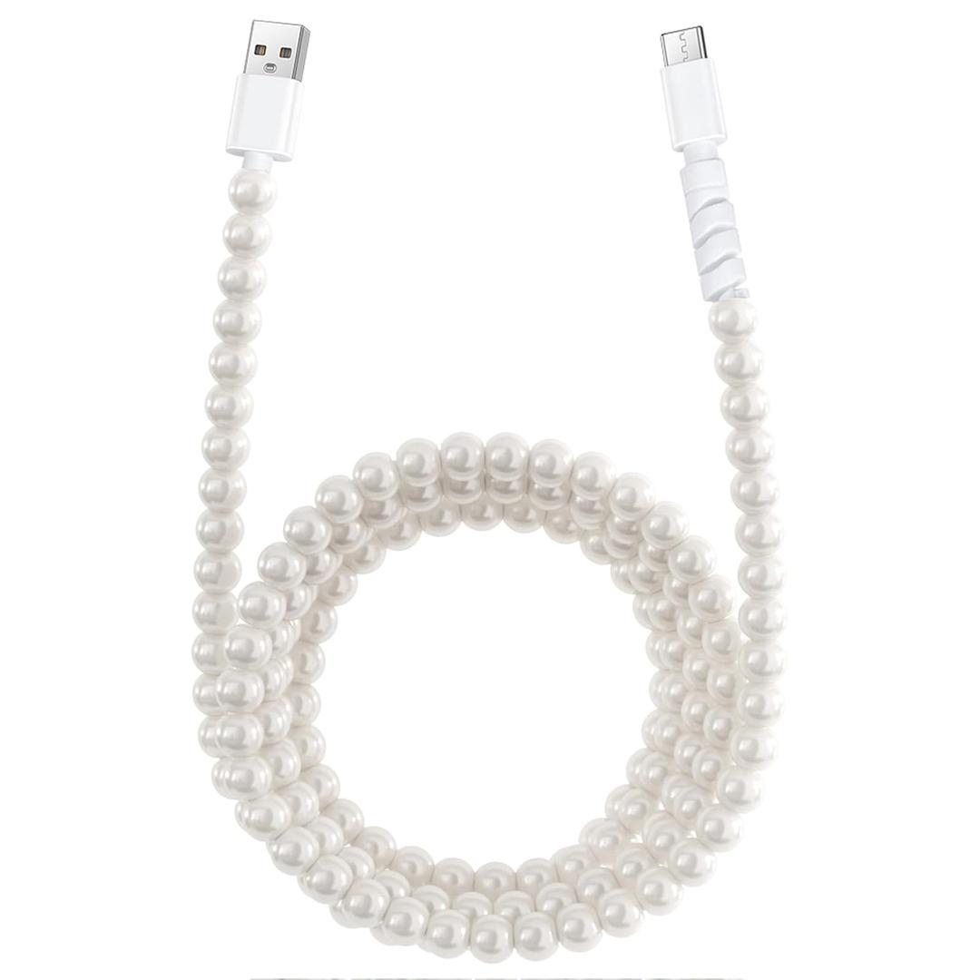 Aolcev USB C Cable 66W Fast USB A to USB C Charging Cable Long 6.6FT/2M Cute Beaded USB Type C Charger Cord Pearl Phone Charger for iPhone 17 16 Pro 15 Pro Max/Pro/Plus Galaxy S25/S24 iPad White
