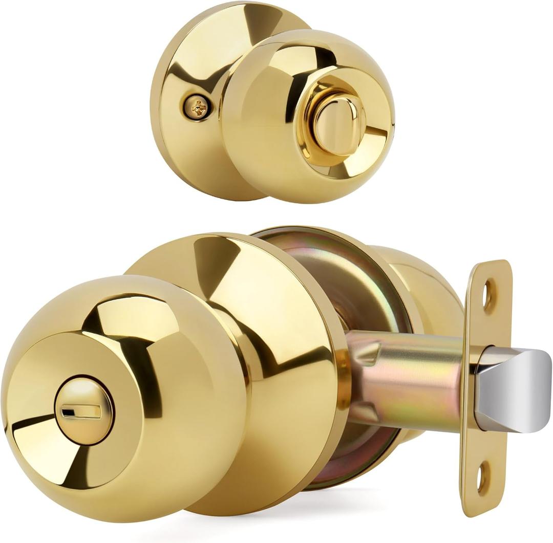 Ball Design Door Knob with Lock, Privacy Round Shaped Keyless Doorknob for Bathroom/Bedroom, Polished Brass Finish (1 Pack)