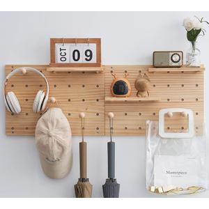 Wood Pegboard Combination Wall Organizer Kit, Wooden Display Pegboard Panel Kits for Bedroom, Study, Office, Bathroom, 2 Pieces Pegboards and 15 Accessories