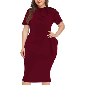 Plus Size Dress for Curvy Women Semi Formal Cocktail Party Midi Dress Bodycon Short Sleeve Bow Ruffle Pencil Dresses (4X-Large Plus, 5427-2 Winered)