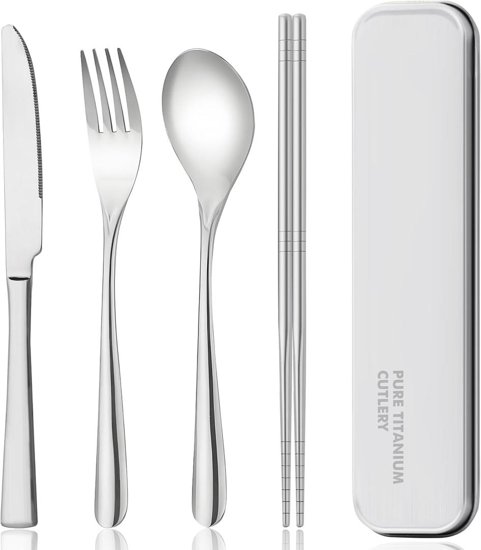 Zing TTI Titanium Tableware Set, Travel Tableware with Box, Including Titanium Fork, Knife, Chopsticks and Spoon, Packed in a Suitcase