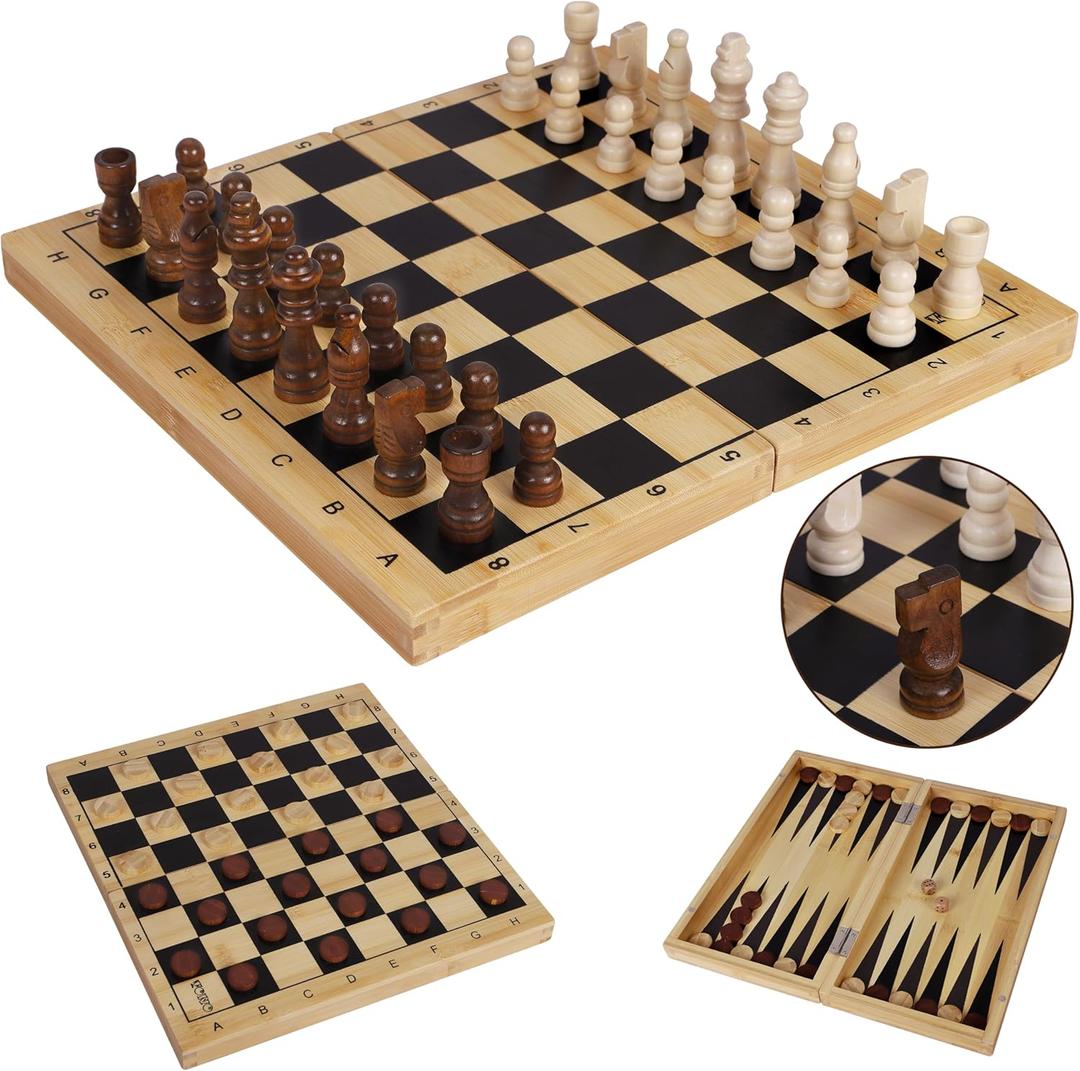 TOWO 3-In-1 Chess Checkers/Draughts Backgammon Set Folding Wooden Chess Board, Portable Family Travel Board Game for Kids and Adults, Eco-Friendly Strategy Game Gift Classic Traditional Wood Toy