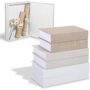 6 Pcs Faux Decorative Books Set for Home Decor Modern Linen Faux Books Fake Book Storage Box Book Shaped Boxes for Bookshelf Mantel, 10.6", 8.6", 9.8" H(White, Khaki, Beige)