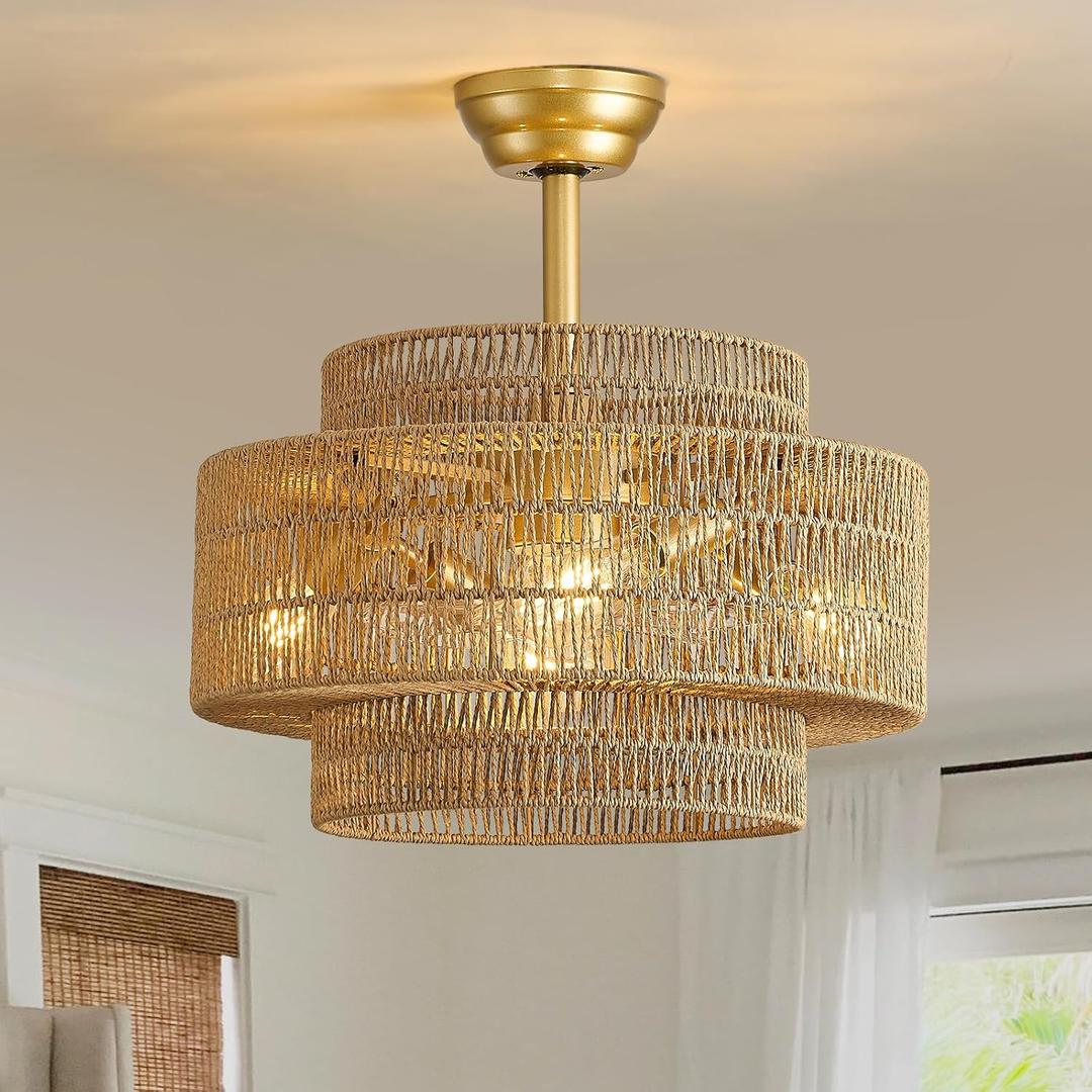 Boho Ceiling Fan with Light and Remote Rattan Chandelier Fan Enclosed Caged Fandelier Ceiling Fan with Light for BedroomNursery,Foyer,Kitchen(6 Speeds Three-Speed Timer Adjustment Height), 20inch