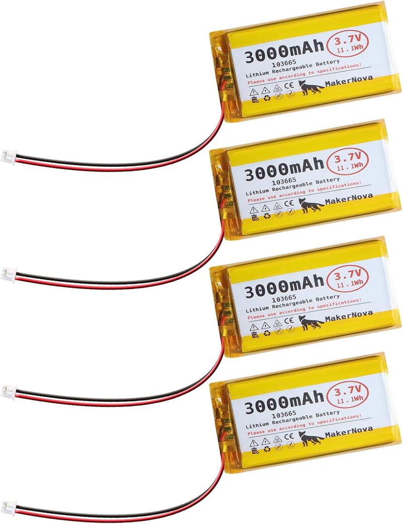 4 Pack 3.7V 103665 3000mAh LiPo Battery, 1S 3C Rechargeable, Micro JST 1.25 Connector, Dual Protection Board