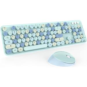 Wireless Keyboard and Mice Combo,Retro Round Keys Full-Sized Cute Keyboard, 2.4Ghz Dropout-Free Connection and Optical Mouse for Windows, Mac, PC, Laptop, Desktop (Blue-Colorful)