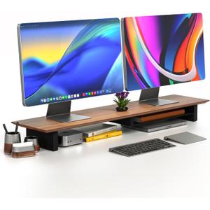 COREMINDED Solid Wood Dual Monitor Stand Riser 43" Walnut Desk Shelf for 2 Monitors with Tray & Wool Felt, Organizer for Desktop, Laptop and Office (Walnut)