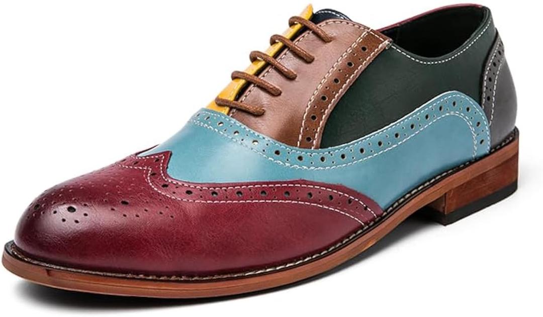 HuitJours Men Oxford Dress Shoes Multicolor Brogues Wing Tips Lace Up Patchwork Two Tone Color Matching Punched Round Toe (7)