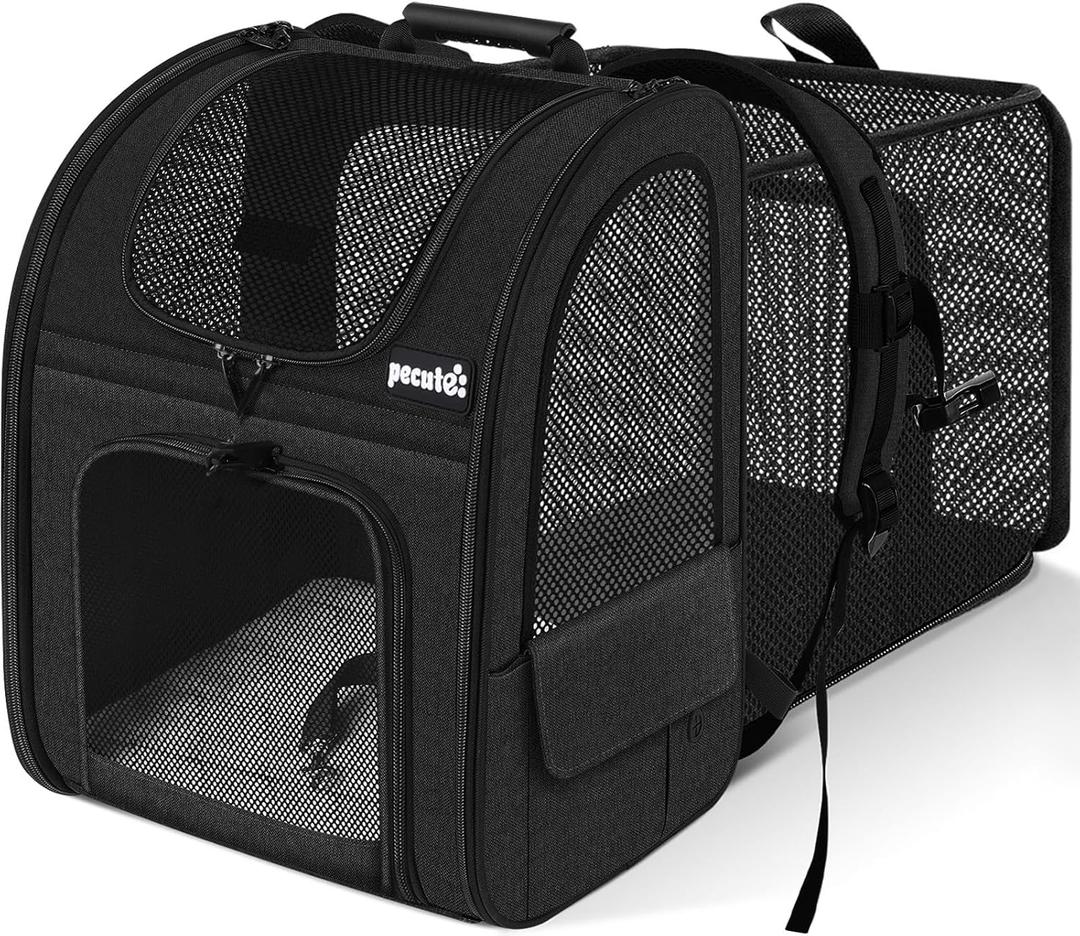 Pecute Cat Carrier Backpacks, Expandable Cat Backpack with Breathable Mesh, Pet Carrier Backpack for Cats Small Dogs Puppies Up to 18 Lbs, Dog Carrier Backpack Great for Travel Hiking Camping Outdoor (Black)