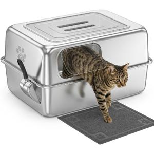 Ptlom Enclosed Stainless Steel Litter Box for Large Cats, Leak-Proof Metal Cat Toilet with Lid, Ventilated Top Opening Covered Cat Pan High Sided Walls, Scoop & Litter Mat, 27.7" x 19.8" x 15.1"