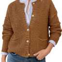 Saodimallsu Women's Chunky Knit Cardigan Button Down Crewneck Long Sleeve Cropped Sweater with Pockets