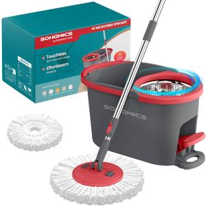 SONGMICS Spin Mop and Bucket Set with Pedal Wringer, Floor Cleaning Mop, Adjustable Telescopic Handle, Max. 59.1-Inch Length, 360 Rotating Head, 1 Microfiber Pad, Gray and Red ULMB002GT01