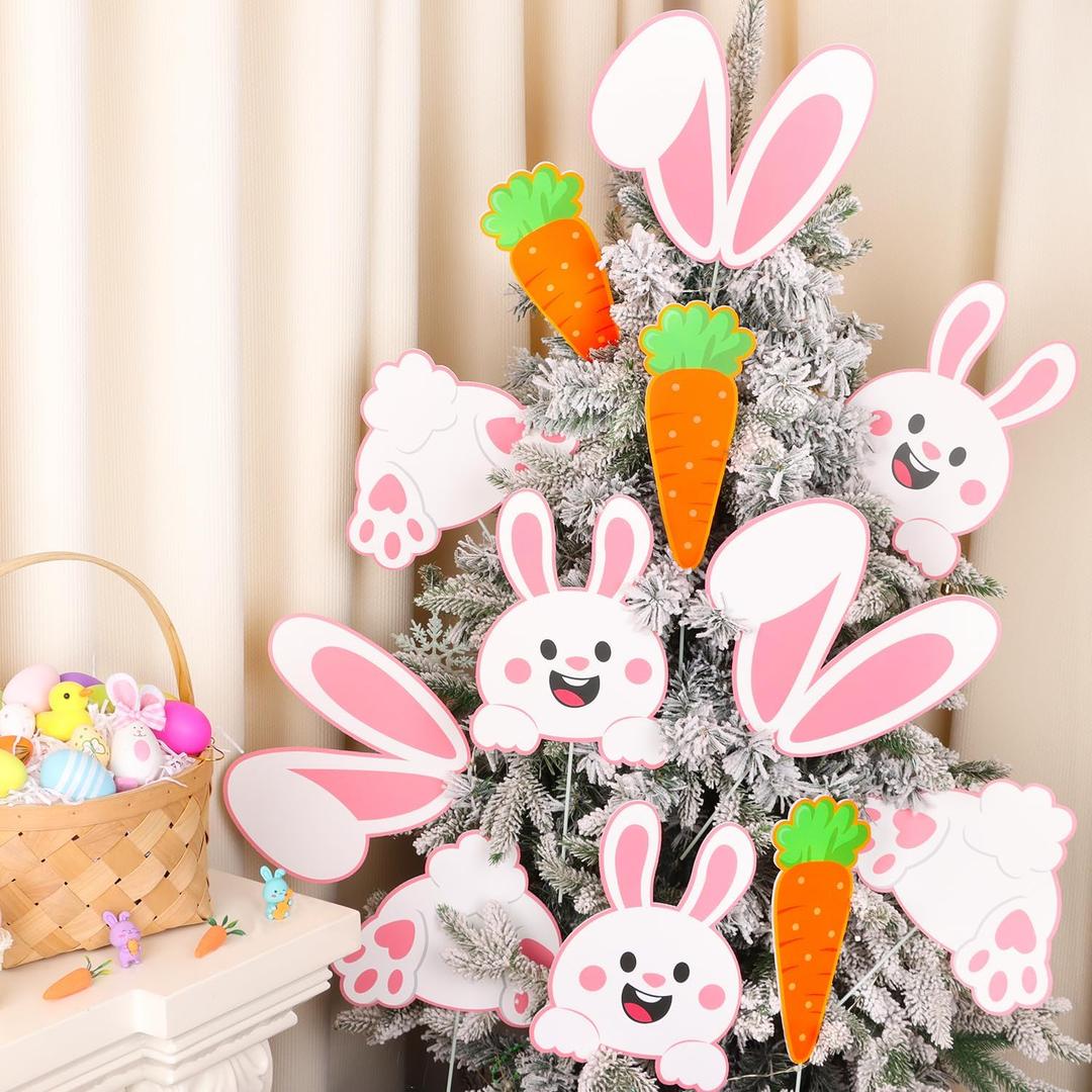 2 x CCINEE 12pcs Easter Bunny Tree Picks Decorations, Large Cute Bunny Ear Carrots Rabbit Picks for Spring Easter Tree Topper Ornaments Home Indoor Outdoor Party Decorations