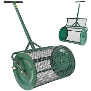 Compost Spreader, 24" Peat Moss Spreader, Roller Lawn Spreader with 3 Heights T Shaped Handle, Side Latches Powder Coated Steel Mesh Basket, Lawn & Garden Spreader for Spreading Manure Topsoil, Green