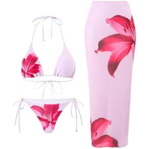 Verdusa Women's 3 Piece Floral Halter Bikini Set Colorblock Tie Back Swimsuit with Cover Up Skirt XL Pink