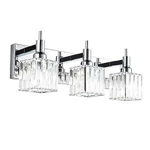 HUOKU Modern Crystal Bathroom Vanity Light 3-Light Wall Light Fixtures Over Mirror Chrome Vanity Lighting for Bathroom Square Shade Wall Sconce