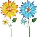 YEAHOME Garden Decor for Outside, 35.4 Set of 2 Metal Flowers Decorative Garden Stakes for Spring Decor, Yard Art Flower Stakes for Outdoor Lawn Backyard Porch Garden Decorations (Yellow, Blue)