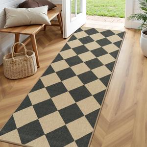 Lessymo Kitchen Runner Rug 2x6, Checkered Jute Rug Washable Non Slip for Entryway Hallway, Farmhouse Diamond Bedside Rugs Indoor Outdoor Carpets for Patio Porch, Black/Beige (Black/Checkerboard-1)