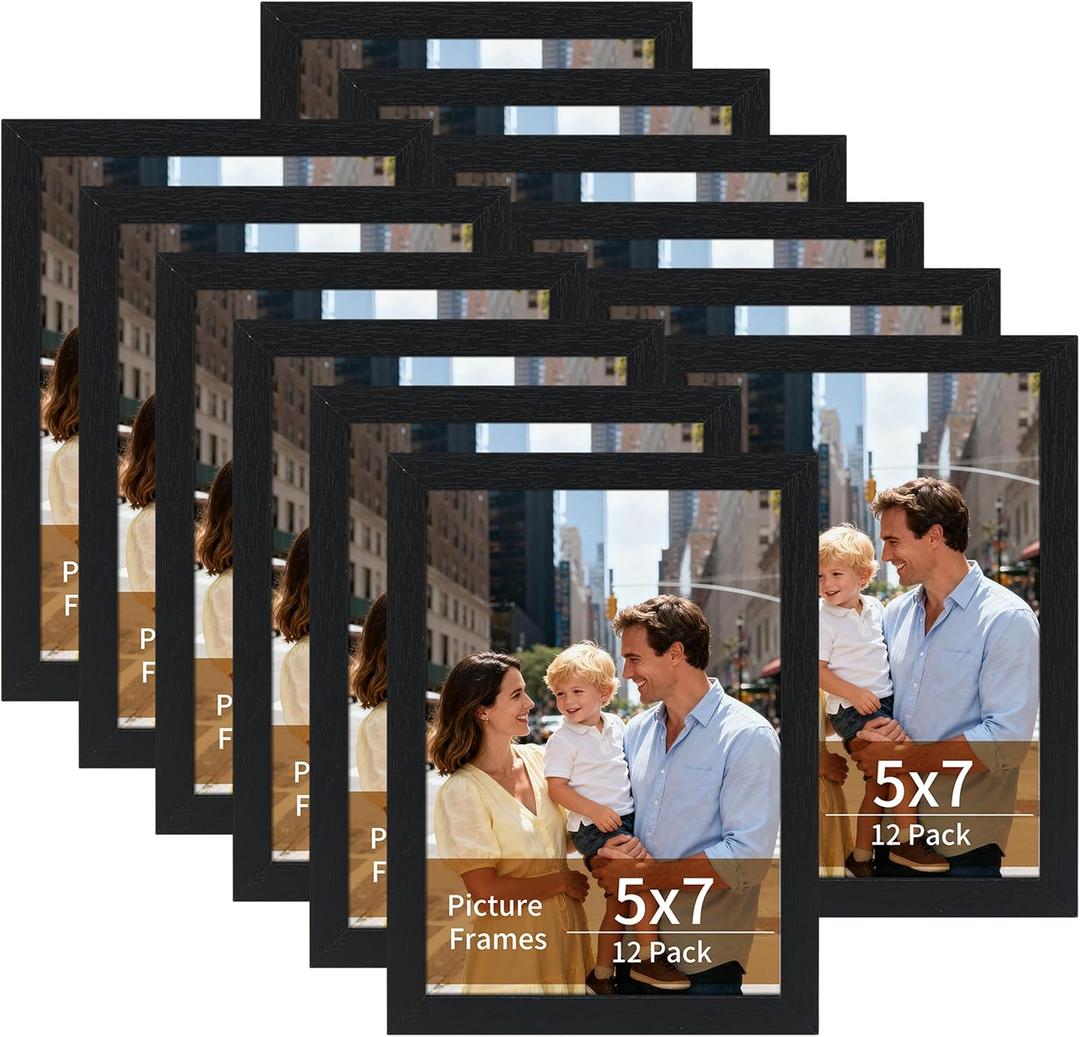 Lyeasw 5x7 Picture Frames Black 12 Pack, Matted Wood Grain Lightweight 5 x 7 Photo Frames for Wall Collage and Desk & Home Decor, with Horizontal or Vertical Placement.