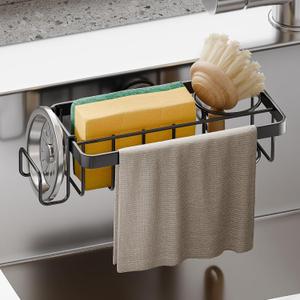 TAILI Sponge Holder with Strong Suction Cup, 4-in-1 Rustproof Sink Organizer - Sink Caddy Holds Sponges, Brushes, Stoppers & Scrapers - Black