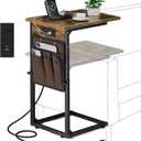 Vagusicc C Shaped End Table with Charging Station, Adjustable Height Side Table for Couch, Small Sofa Table with Storage Bag, Slide Under Sofa TV Tray Snack Arm Tables for Living Room, Bedroom, Brown , 16"D x 12"W x 33"H