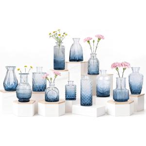 Bud Vases Set of 12, Small Mini Glass Vases for Centerpieces - Elegant Vintage Style - Perfect for Table Decor, Wedding, Party Centerpieces - Great Gift for Home Decor Lovers (Ombre Blue)