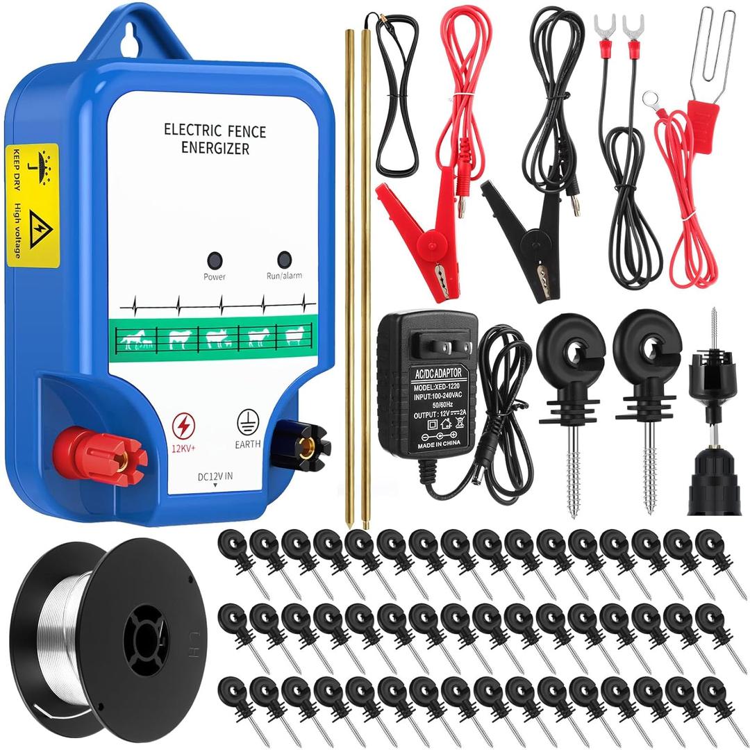 8-Mile Electric Fence for Preventing Animals Intruding, 12000V 2Joule Electric Fence Charger Kit for Livestock Control, 50 Insulator, Socket Tool, 250ft Aluminum Wire(Classic Ver.,Blue)