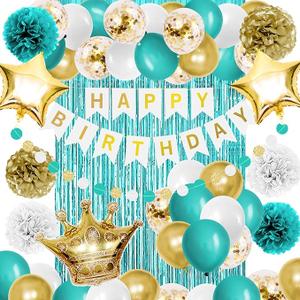 Teal Blue And Gold Birthday Party Decorations Happy Birthday Banner Turquoise Aqua Teal Balloons Foil Fringe Curtain Tissue Pom Poms For Women Girls Men Boys