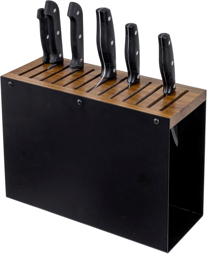 MyGift 13 Slot Deluxe Natural Acacia Solid Wood and Matte Black Metal Universal Knife Block, Kitchen Countertop Cutlery Holder, Safe Blade Storage Knives Rack